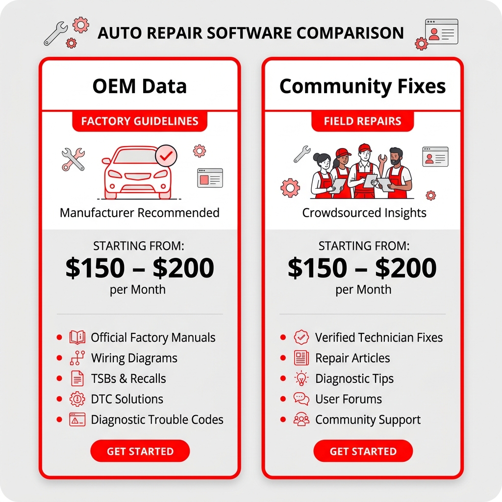 Side-by-side comparison diagram of ShopKey Pro and Identifix monthly pricing ranges for auto repair shops