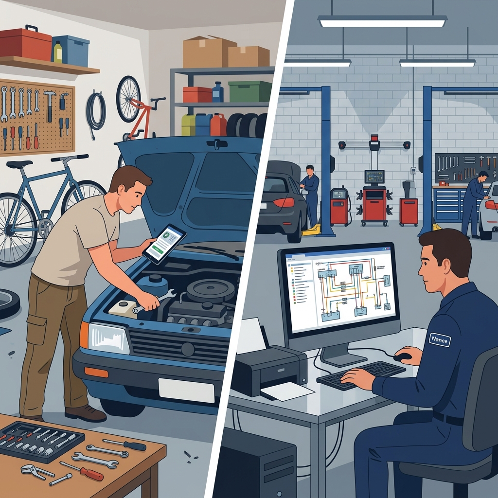 Side-by-side comparison of a DIY home mechanic and a professional auto technician working on vehicles in different settings.