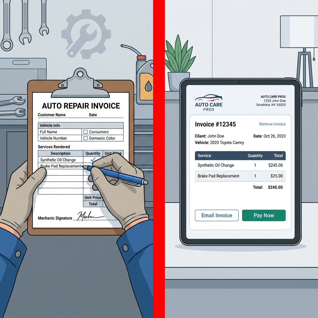 side-by-side comparison of a mechanic handwriting a paper invoice versus a tablet displaying a digital auto repair invoice