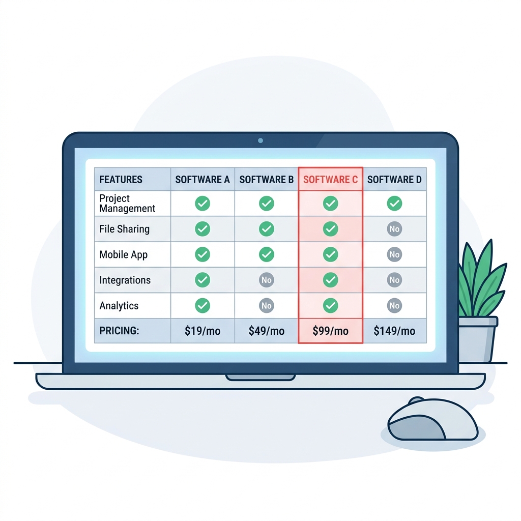 Side-by-side comparison of auto repair invoice software options displayed on a laptop screen in a modern auto shop office