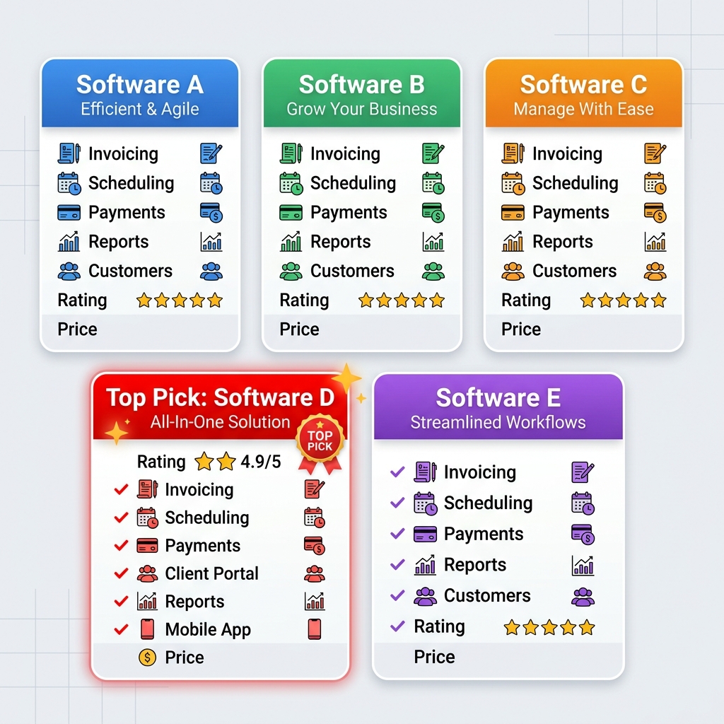 Side-by-side comparison of auto repair shop invoice software options displayed on a laptop screen in a modern garage office