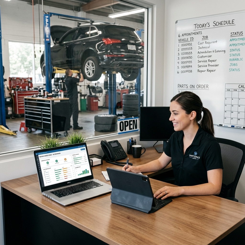 side-by-side comparison of auto repair shop management software displayed on a laptop and tablet in a modern garage office