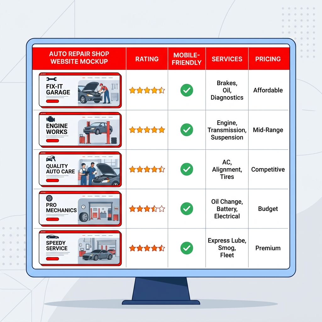 Side-by-side comparison of auto repair shop websites displayed on laptop and mobile screens showing booking and review features.