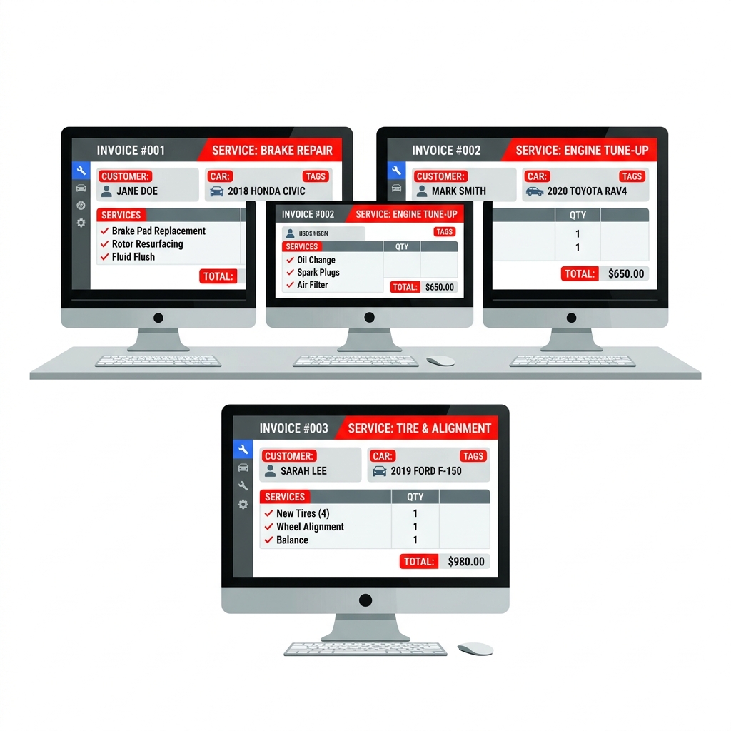 Side-by-side comparison of automotive invoice software options displayed on a laptop screen in an auto repair shop office.