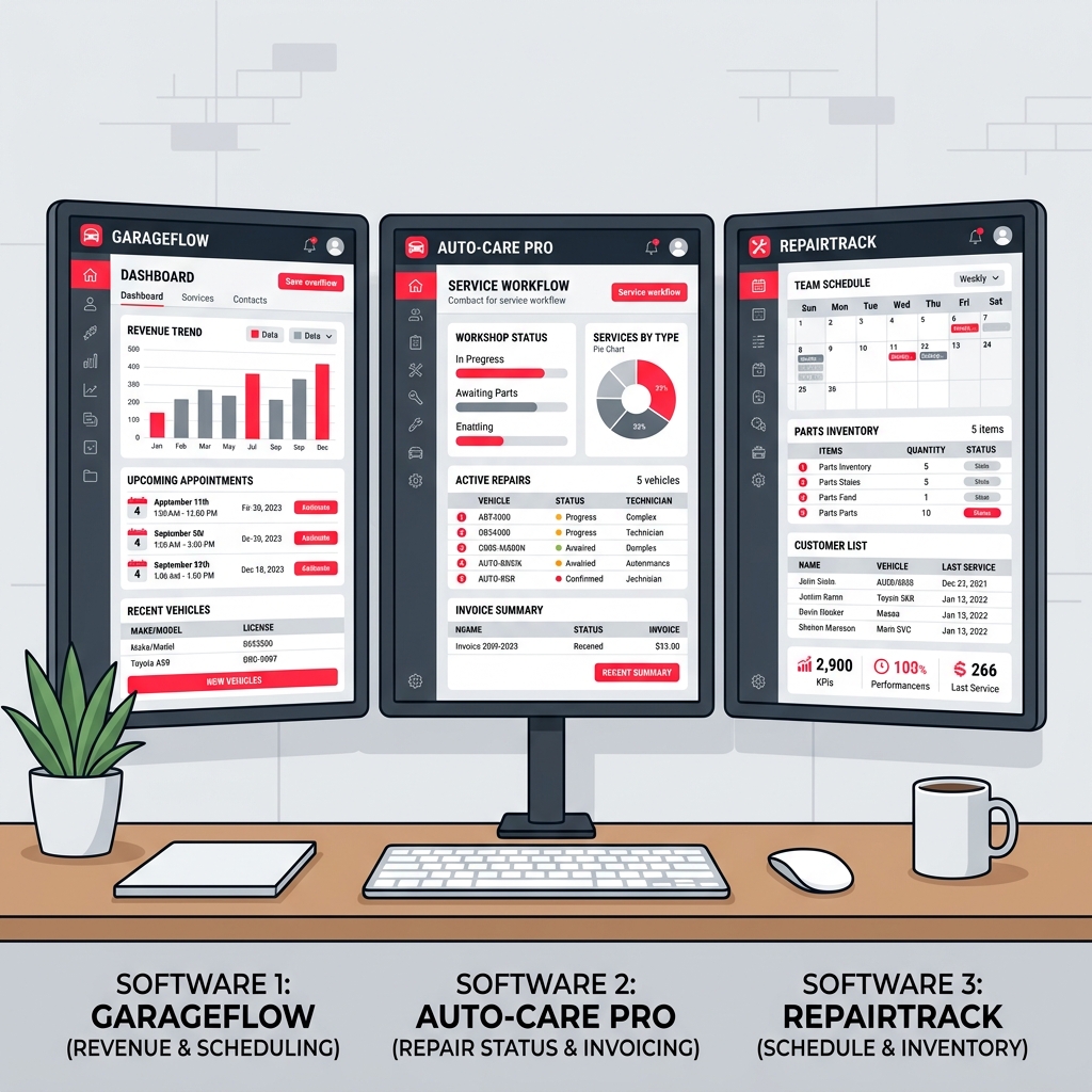Side-by-side comparison of car repair shop management software interfaces displayed on multiple screens in a modern auto repair office.