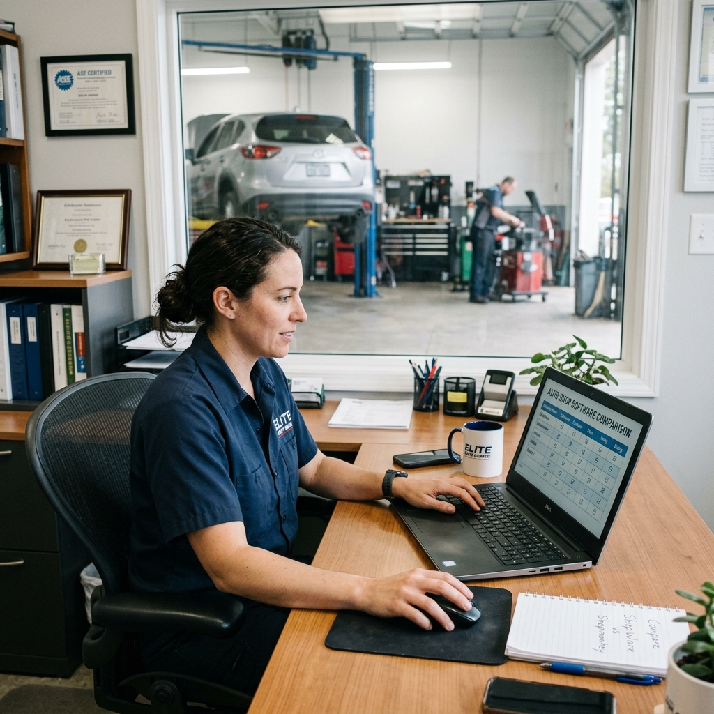 side-by-side comparison of repair shop billing software platforms displayed on a laptop screen in an auto repair office