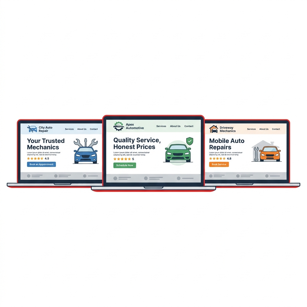 Side-by-side comparison of three mechanic workshop websites displayed on laptops showing auto repair business homepages