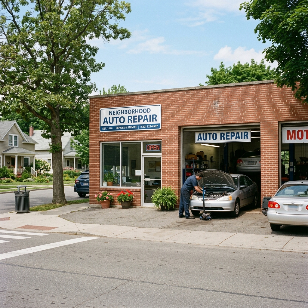 Small independent auto repair shop exterior on a sunny day with a mechanic working near the open garage bay