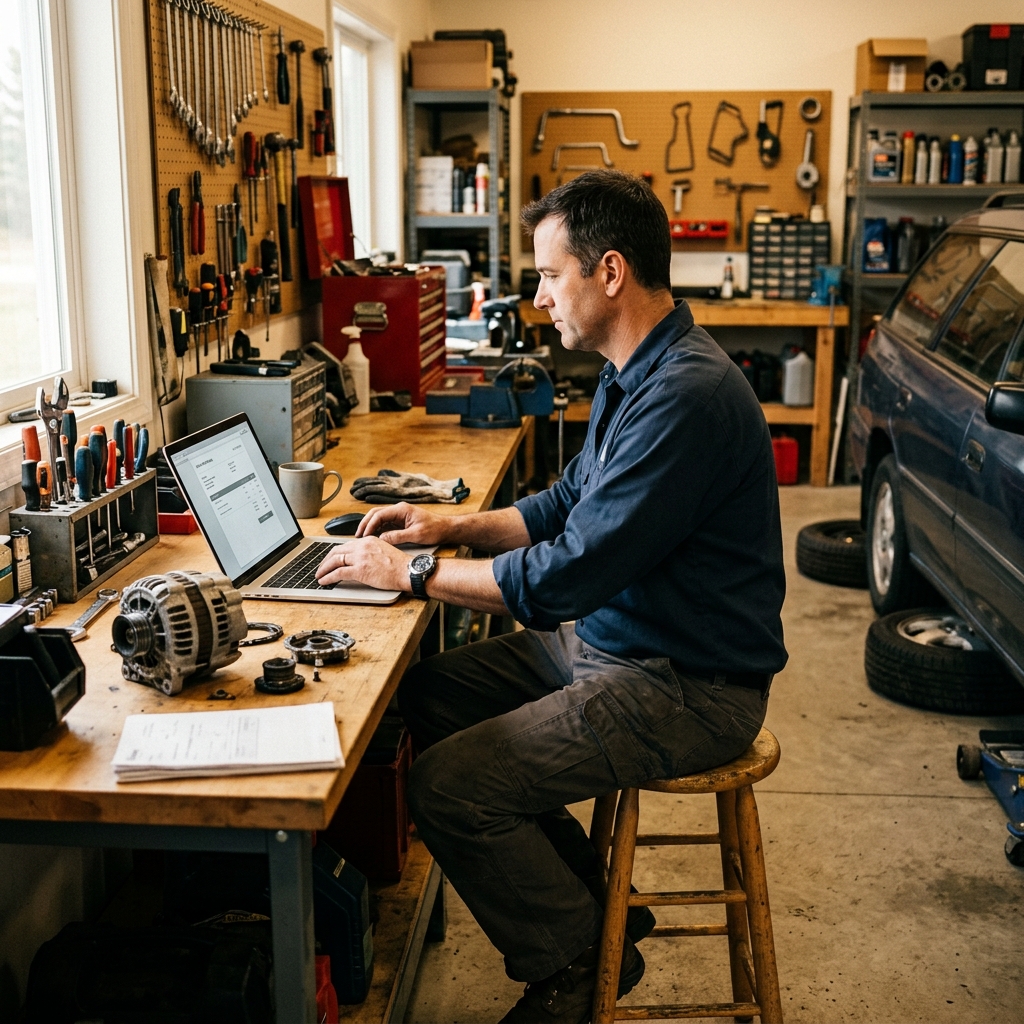 solo mechanic at a small auto repair shop reviewing financial invoices on a laptop at a workbench