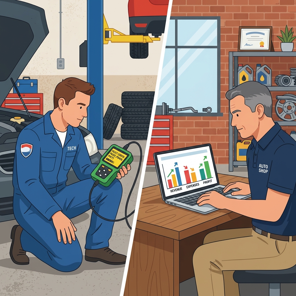 split-screen comparison showing a mechanic reviewing a diagnostic tablet beside a shop owner analyzing business performance charts