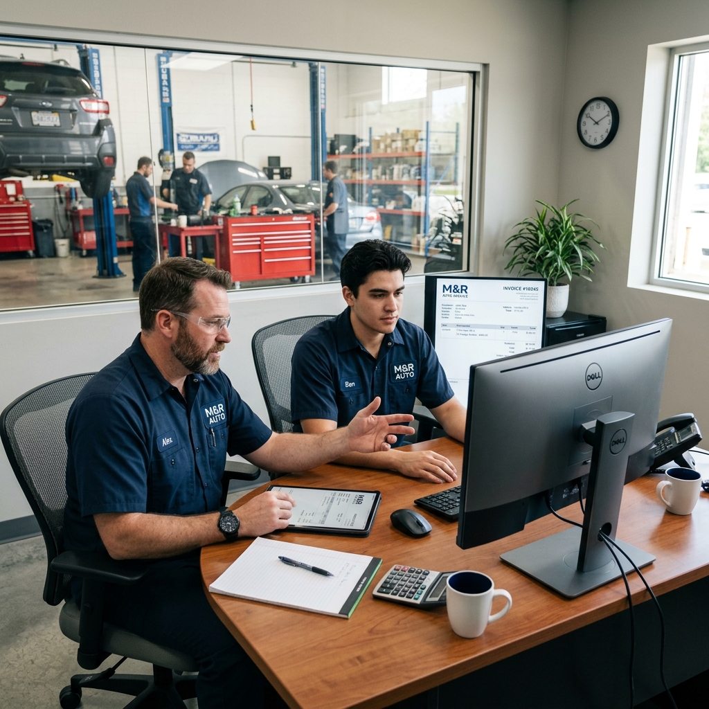 Three auto repair shop management software dashboards displayed on tablets and monitors in a busy garage office