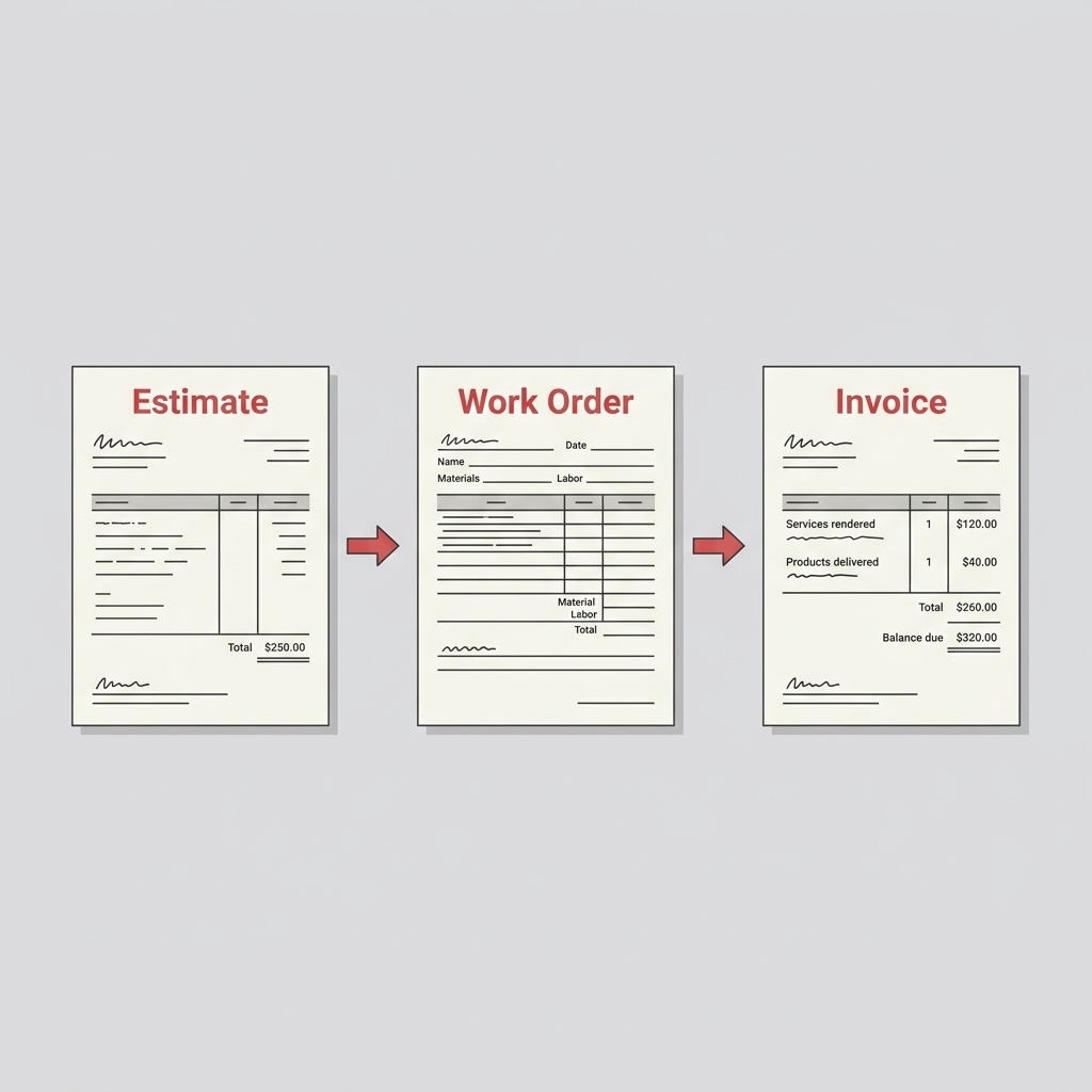Three labeled automotive repair documents arranged in sequence on a workshop desk, showing the progression from estimate to invoice.