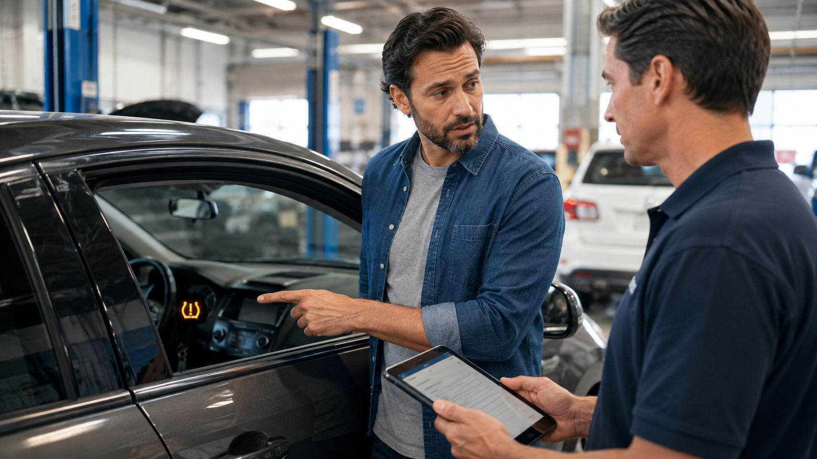 A car owner pointing to a tire pressure warning light on a vehicle dashboard to a mechanic.