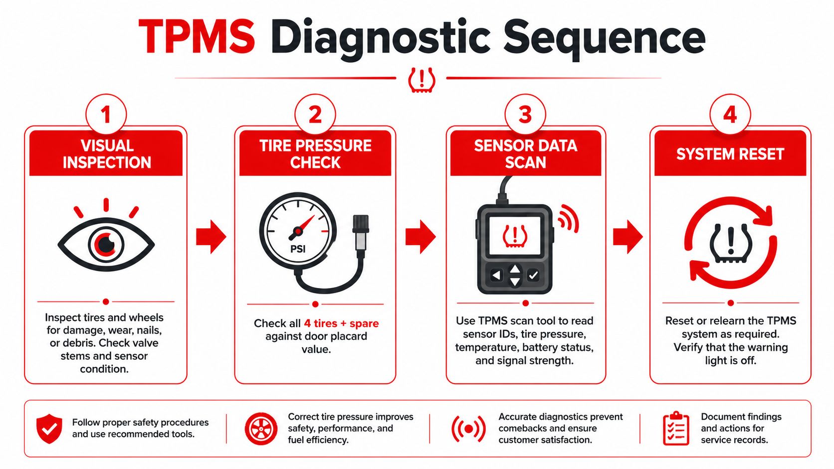 An infographic showing the four-step diagnostic sequence for checking tire pressure monitoring systems in vehicles.