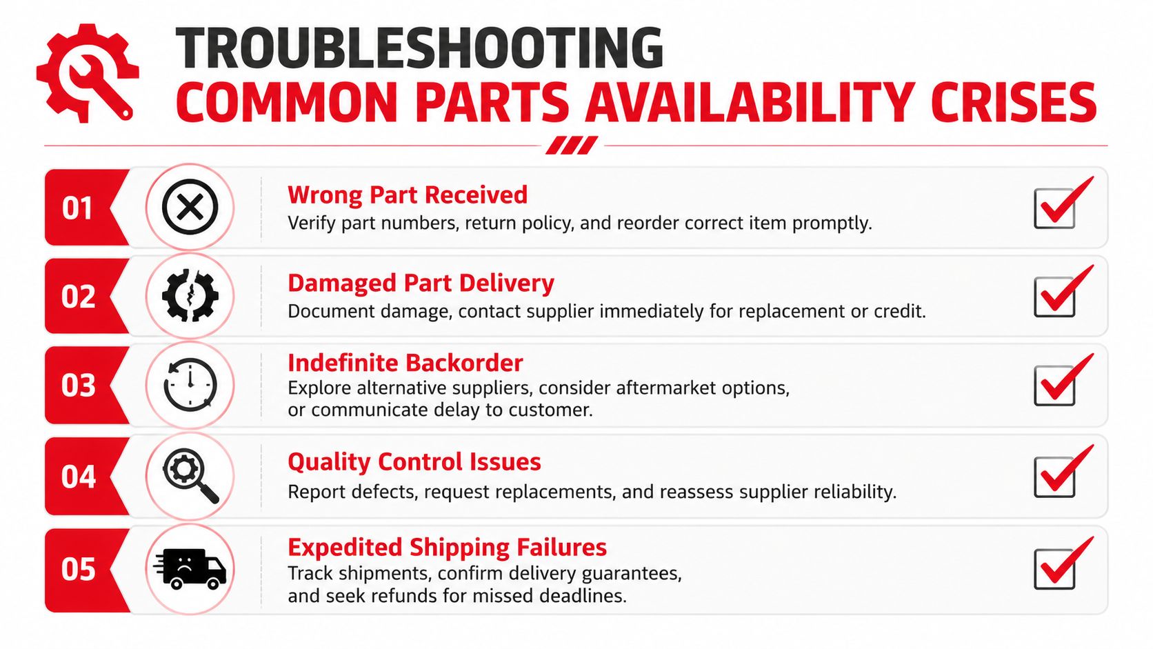 A checklist showing five common problems with vehicle parts availability and suggested solutions for resolving them.