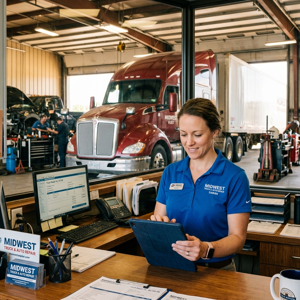 truck repair shop manager reviewing a digital invoice on a tablet at a front desk with a heavy-duty truck in the background