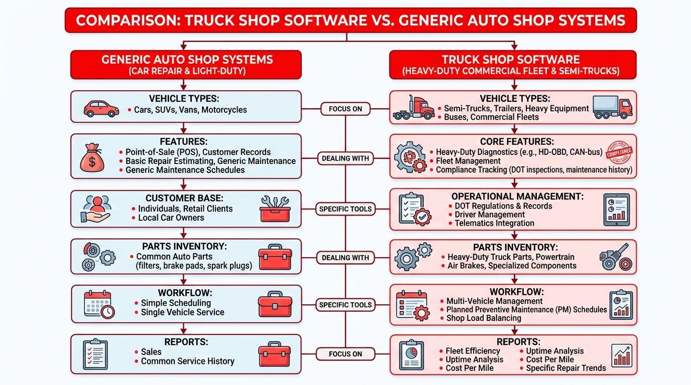 A comparative infographic showing the differences between generic auto shop systems and specialized truck shop software.