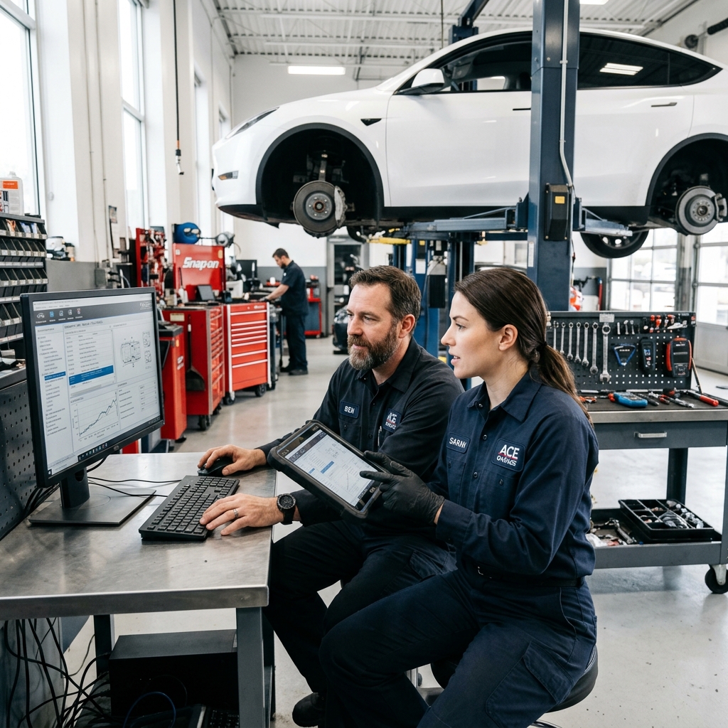 Two auto repair technicians comparing diagnostic software on a tablet and desktop monitor in a professional shop bay.