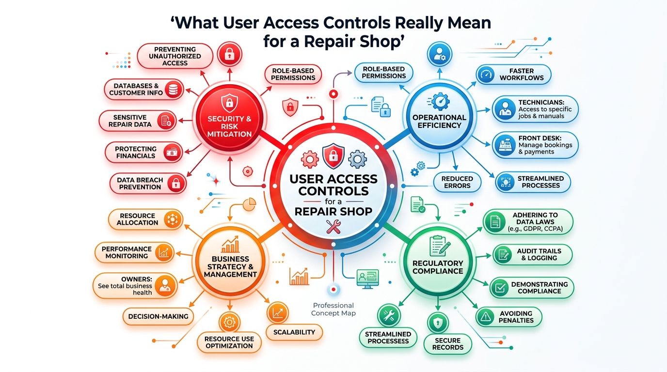 A professional concept map illustrating the importance of user access controls for a repair shop business.