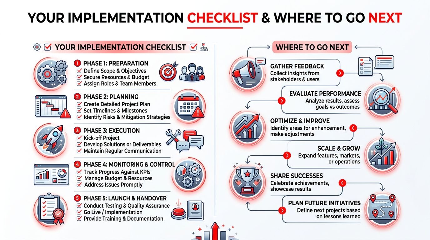 A structured flowchart infographic titled implementation checklist showing project phases and post-launch optimization steps for business growth.