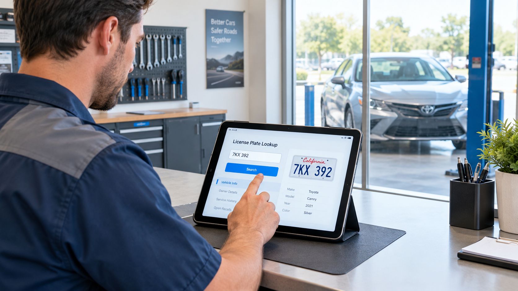A mechanic uses a tablet to perform a vehicle license plate lookup at a car dealership service bay.