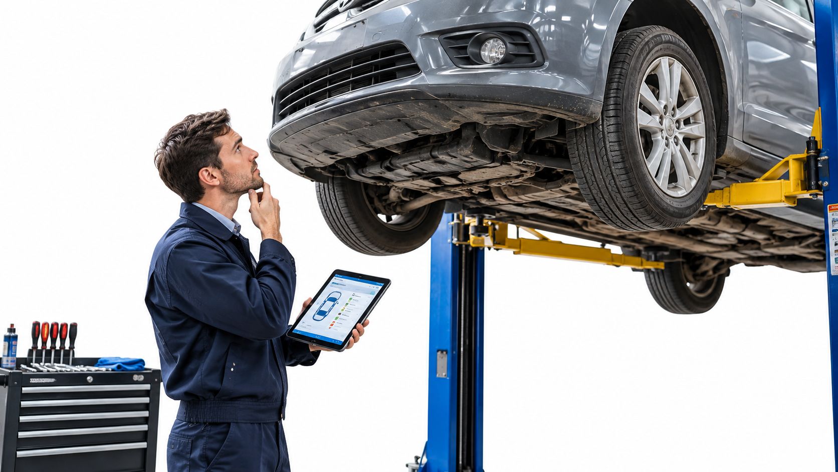 A professional mechanic examining a lifted car while reviewing technical information on a digital tablet in a shop.