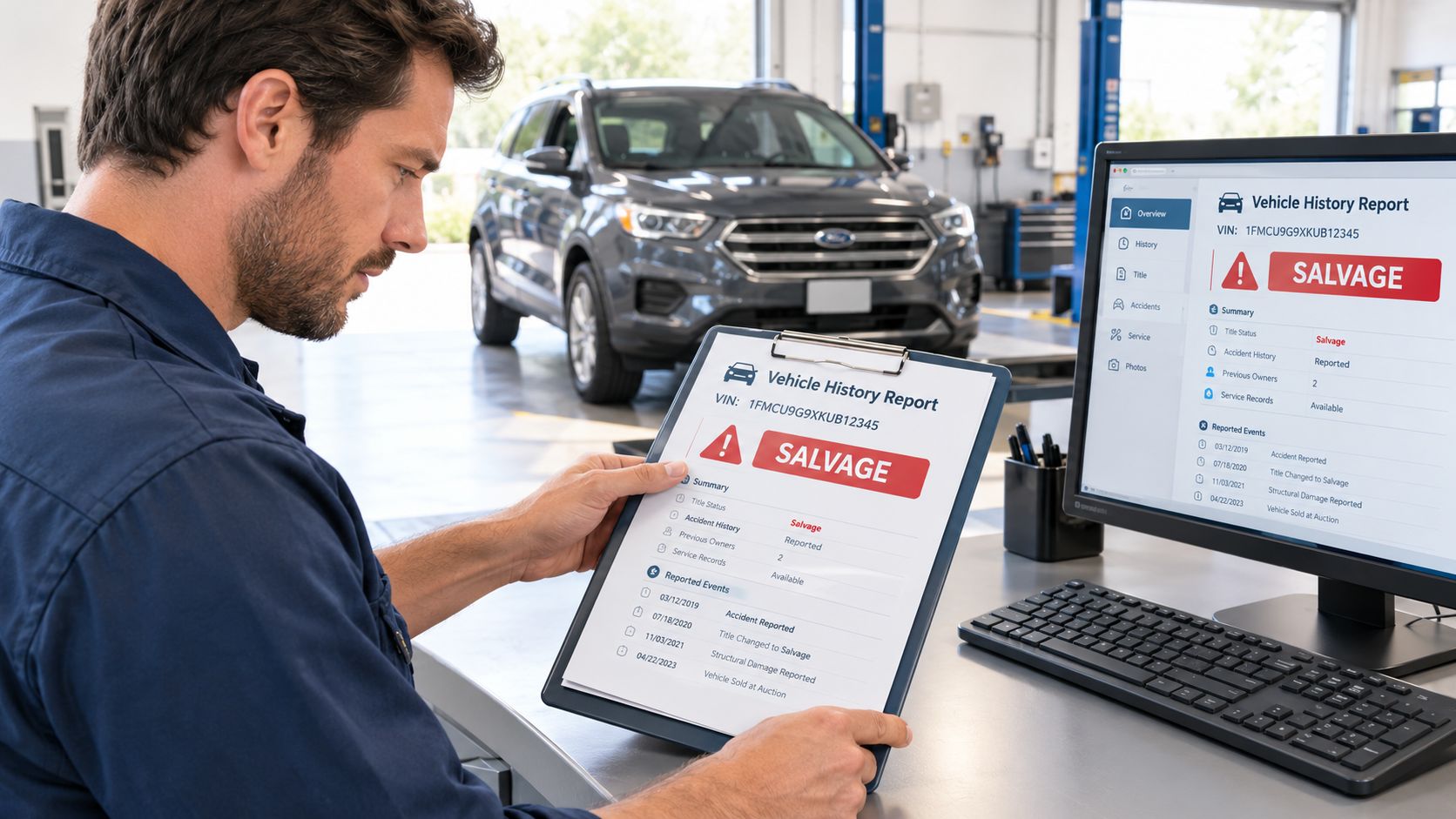 A mechanic reviewing a vehicle history report with a salvage status on a clipboard and computer monitor.