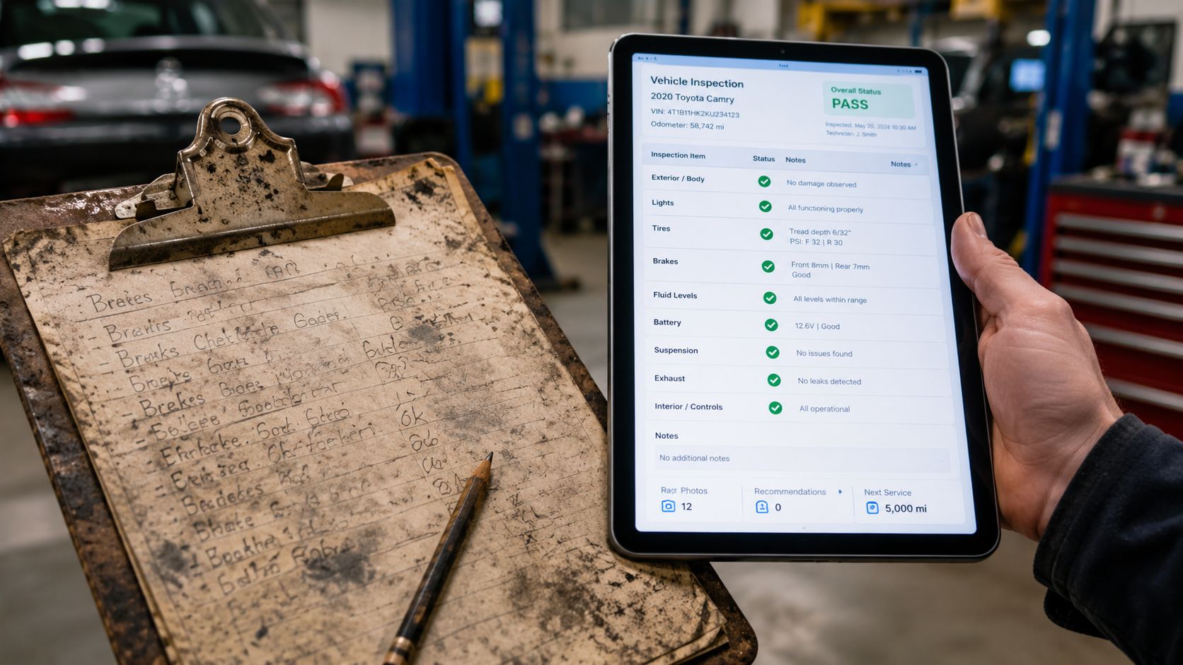 A technician holds a tablet displaying a digital vehicle inspection checklist next to a dirty clipboard.