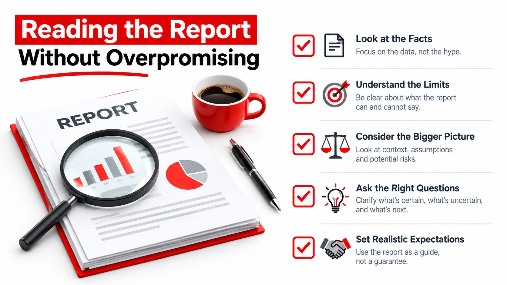 An infographic titled Reading the Report Without Overpromising showing a magnifying glass over a report, a cup of coffee, and five actionable advice points.