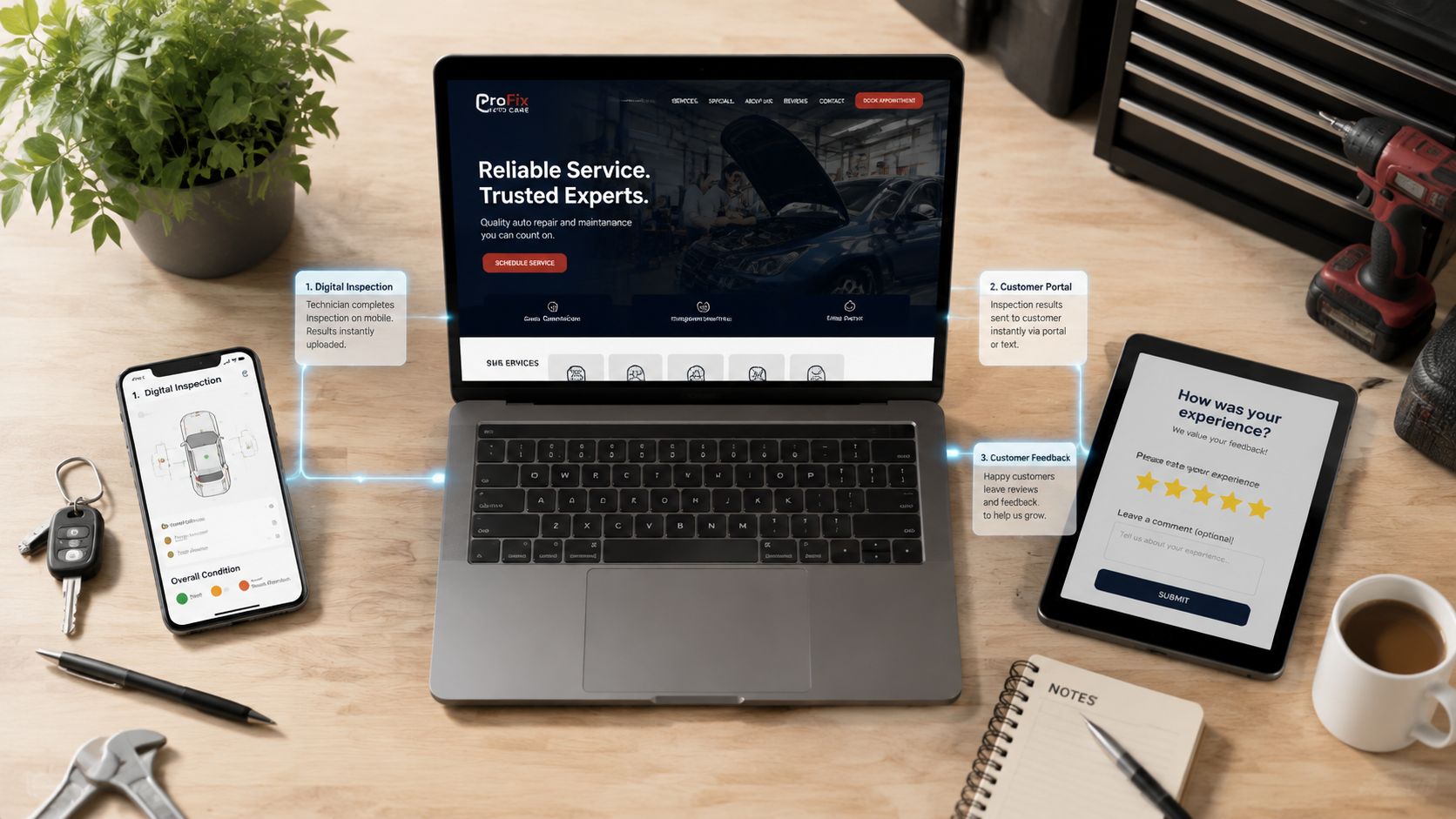 A digital workspace featuring a laptop, smartphone, and tablet displaying an automotive service platform for customer engagement.