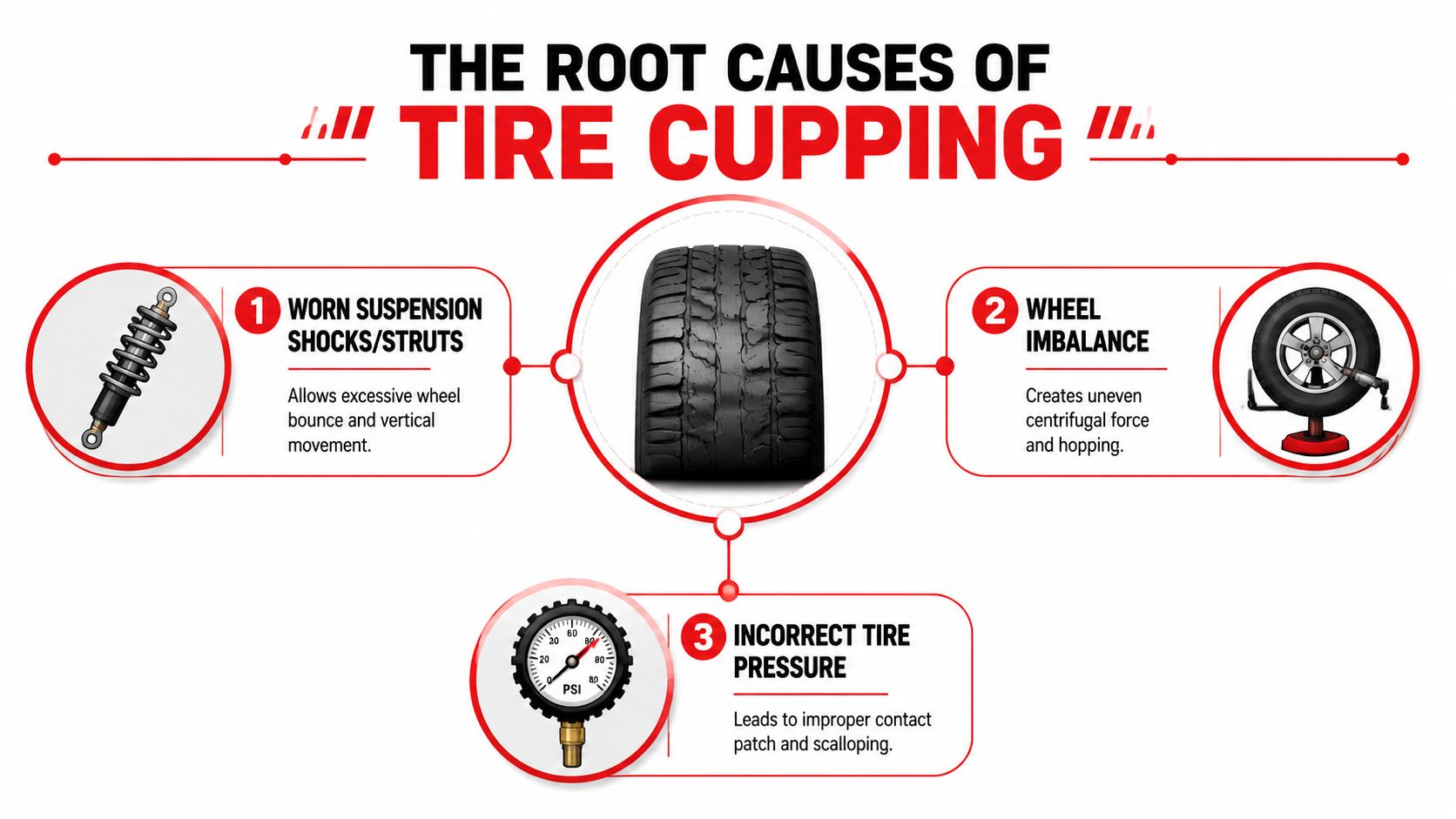 An infographic showing the three main root causes of tire cupping: worn suspension, wheel imbalance, and incorrect tire pressure.