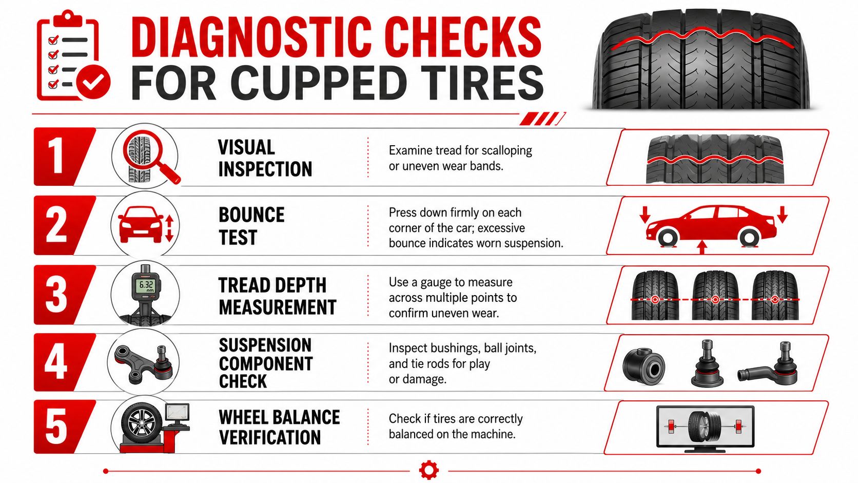 A diagnostic checklist for identifying cupped tires, including inspection, bounce test, and suspension checks for maintenance.