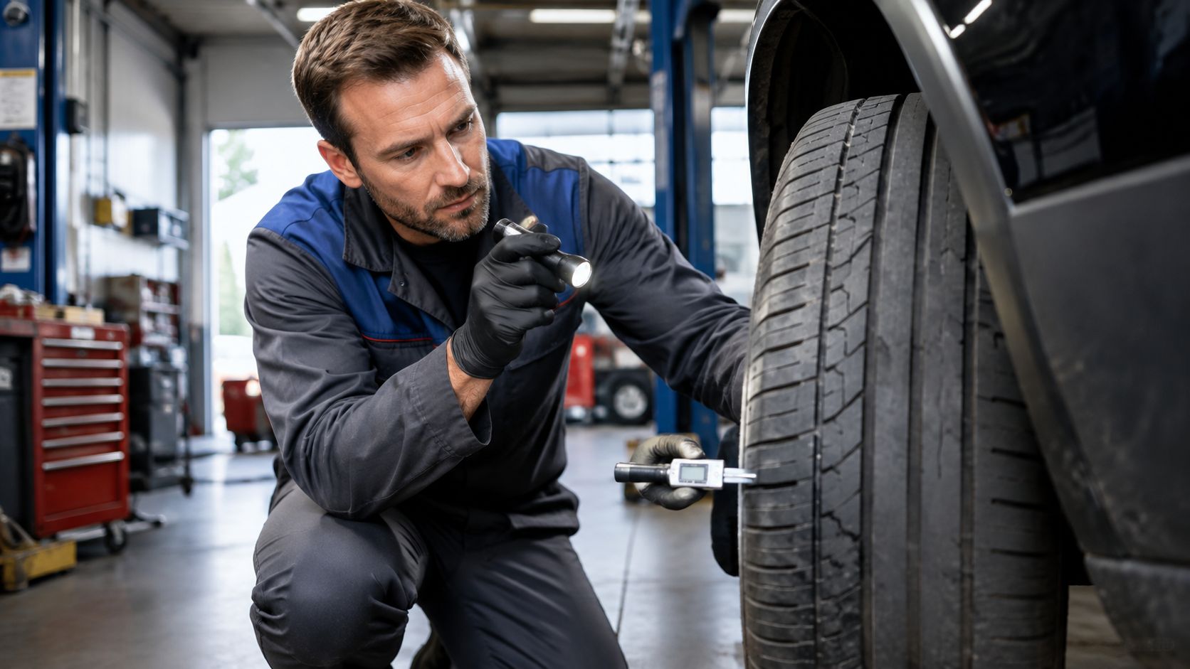 A professional mechanic in a garage inspecting a car tire tread depth with a digital tool.