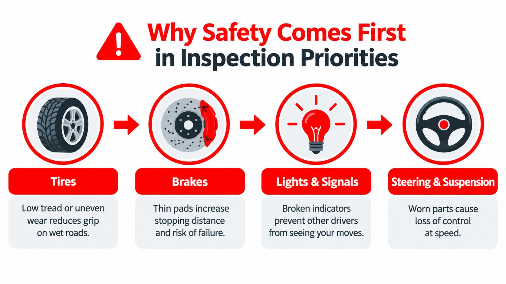 A safety infographic highlighting four critical vehicle inspection points: tires, brakes, lights and signals, and steering.
