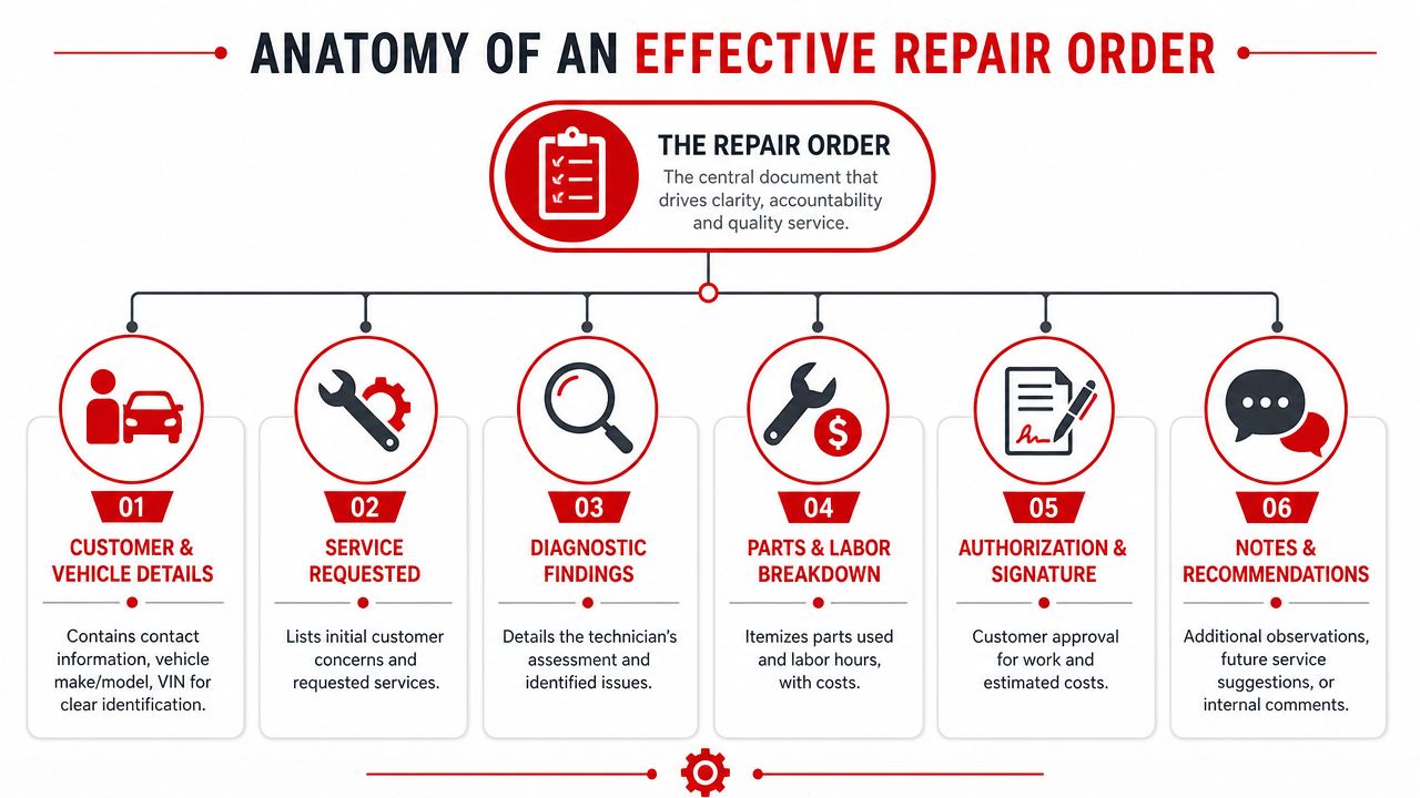 An infographic detailing the six essential components of an effective automotive repair order for quality service.