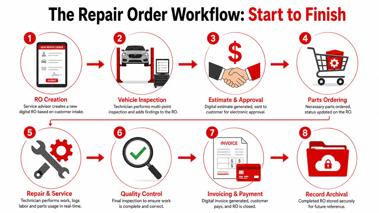 An eight-step infographic illustrating the professional digital repair order workflow from creation to final archiving.