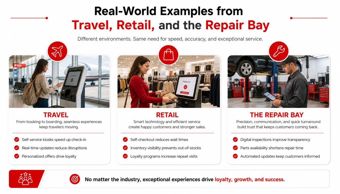 An infographic showing real-world examples of technology improving experiences in travel, retail, and auto repair industries.