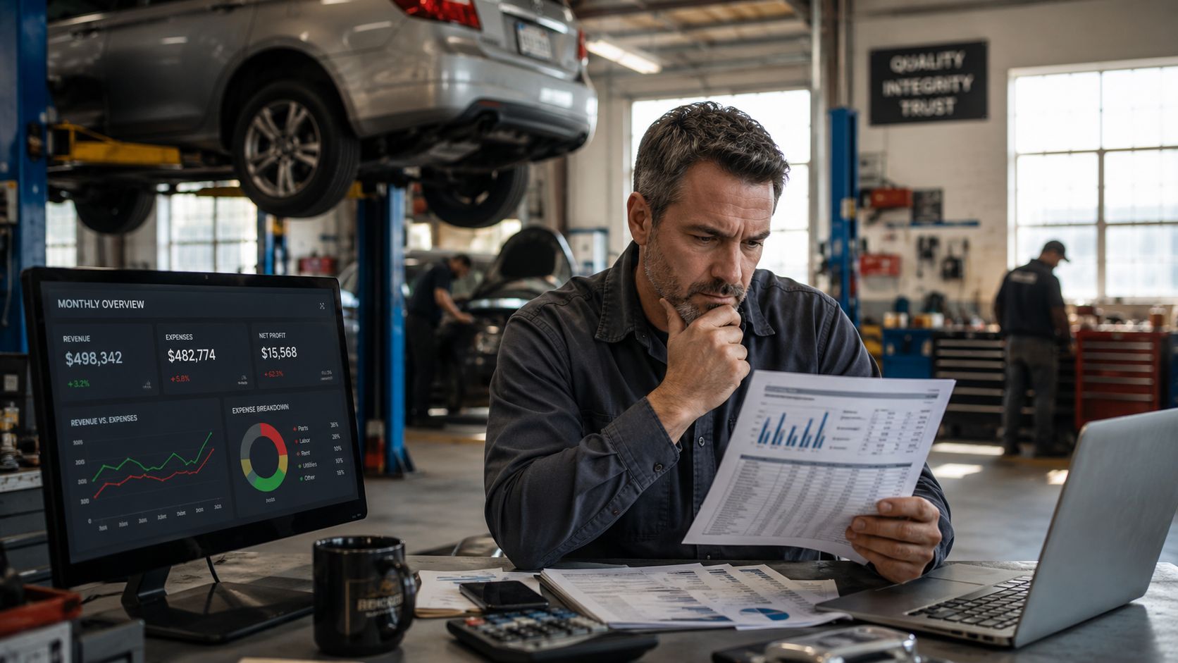 A focused mechanic reviews financial reports and performance analytics in an auto repair shop workspace.
