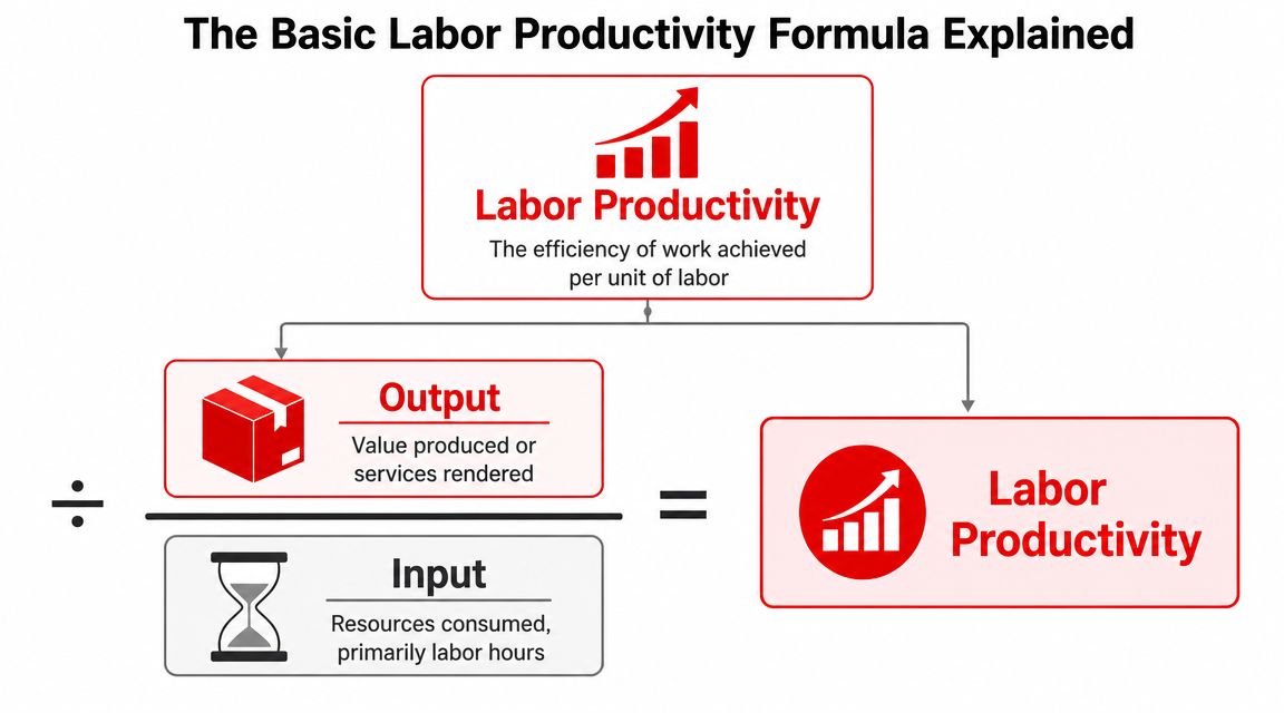 A diagram illustrating the basic labor productivity formula, showing output divided by input equals labor productivity.