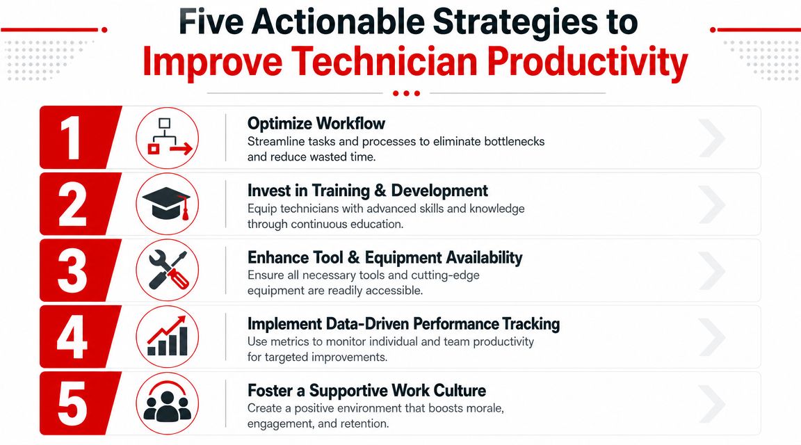 A professional infographic outlining five actionable strategies to improve the productivity of service technicians in the workplace.