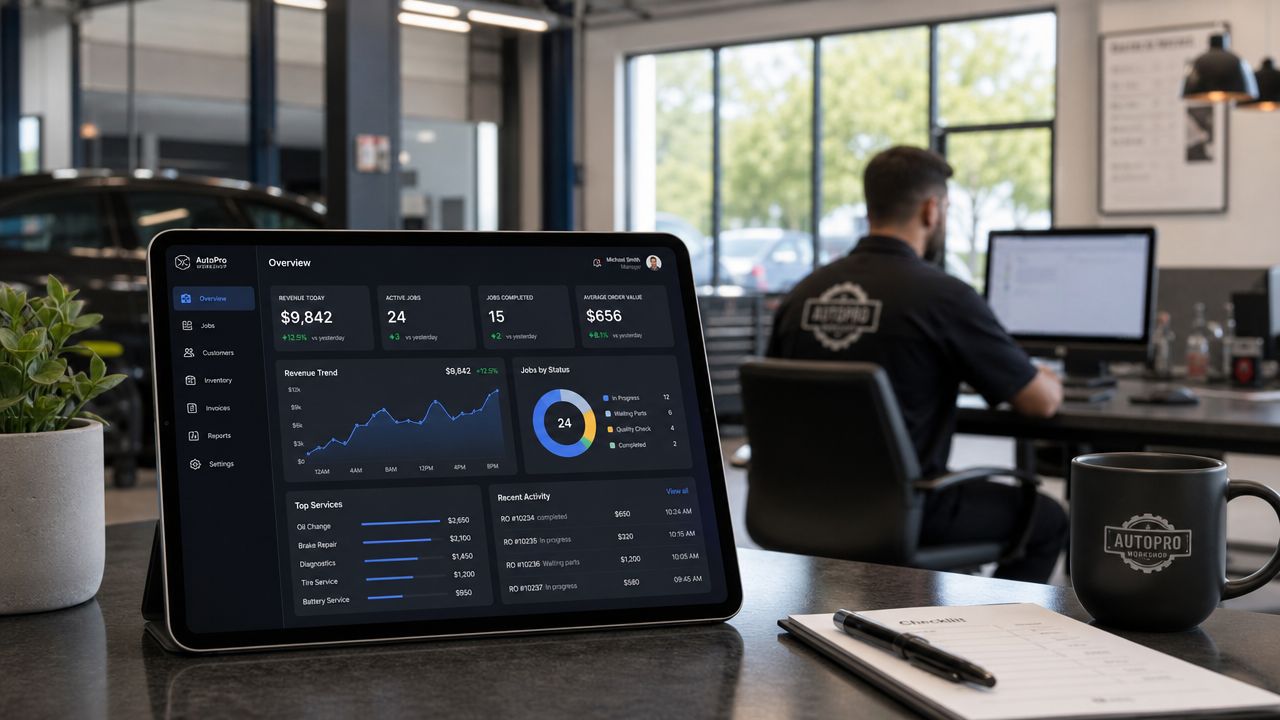 A digital dashboard on a tablet showing real-time workshop analytics in a professional automotive garage setting.