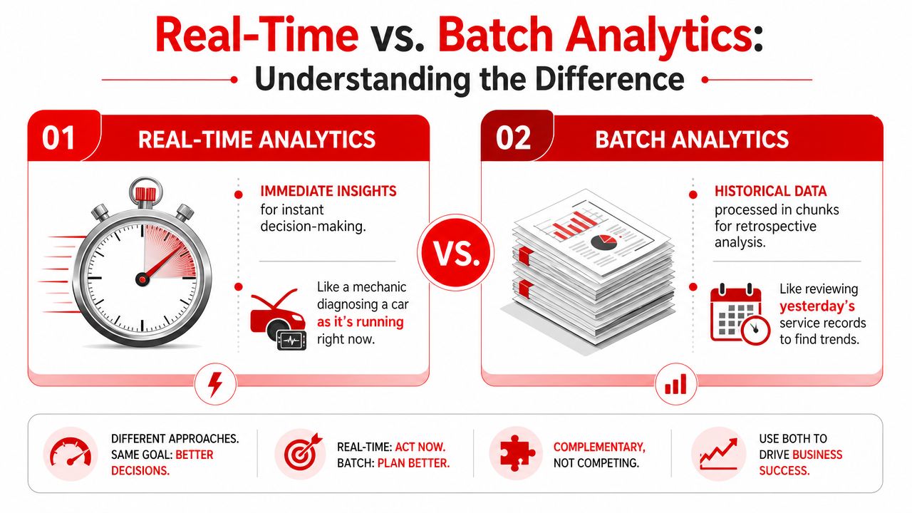 A comparison infographic between real-time analytics for instant decisions and batch analytics for historical data analysis.