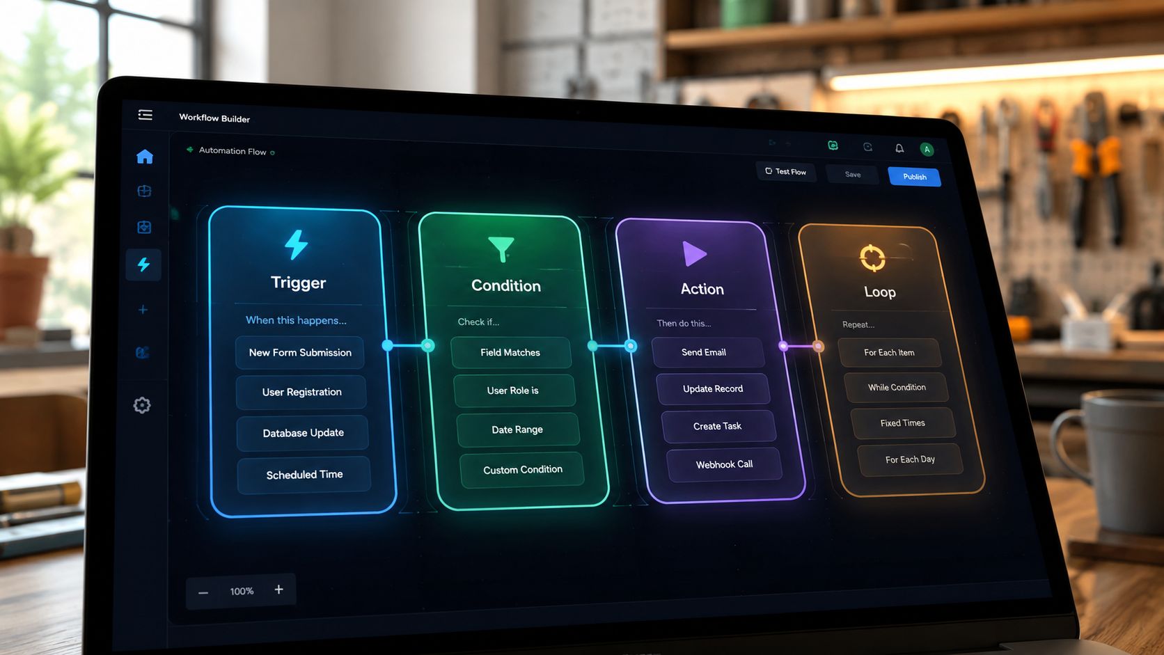 A computer screen showing a modern workflow automation builder interface with trigger, condition, action, and loop steps.