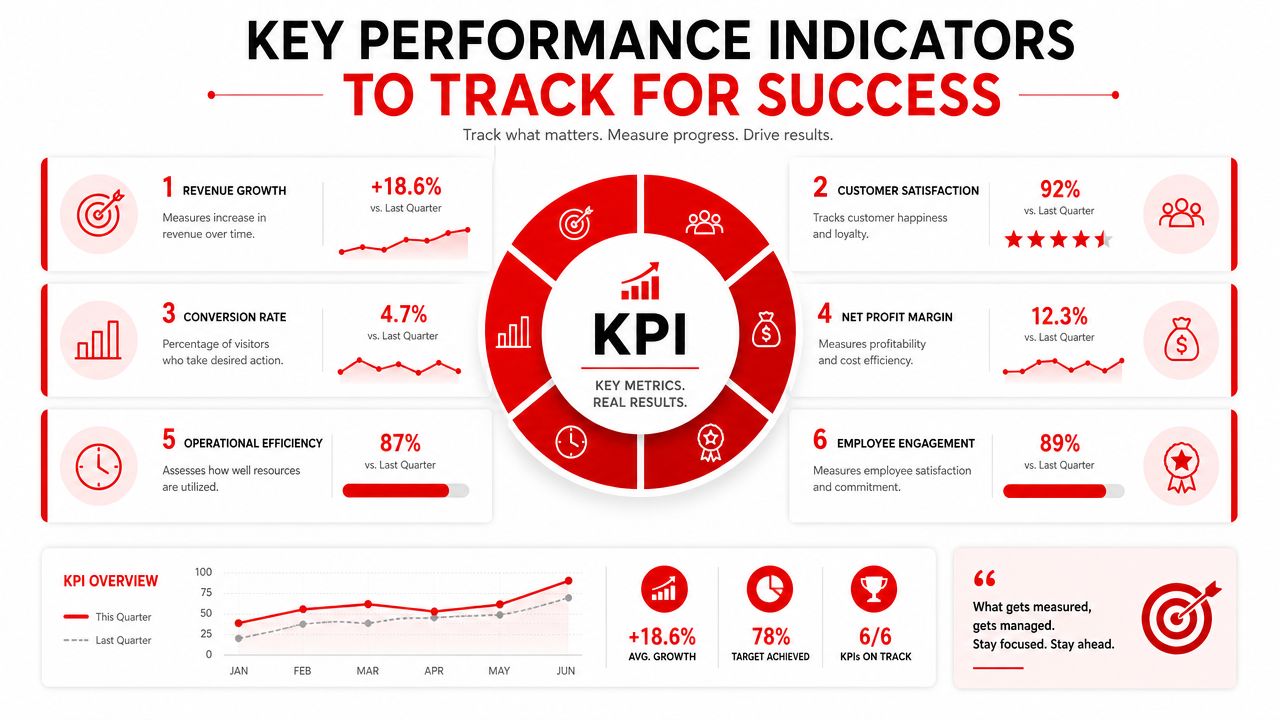 An infographic displaying six key performance indicators for business growth including revenue, satisfaction, conversion rate, and efficiency.