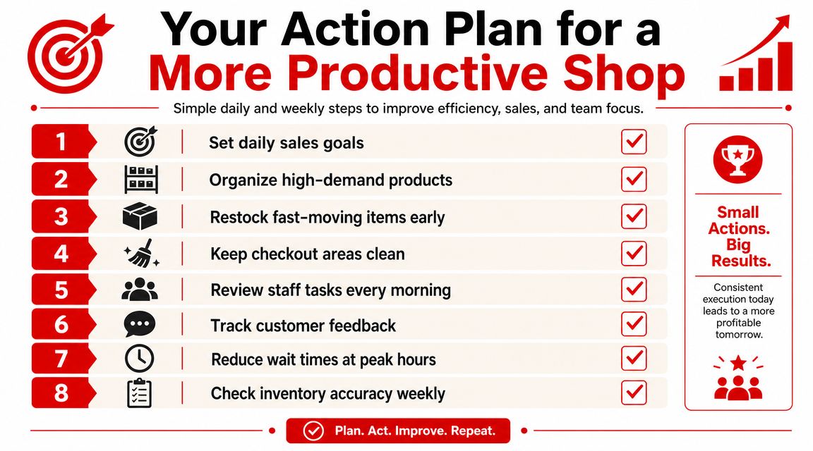 A productivity checklist titled Your Action Plan for a More Productive Shop showing eight essential retail management steps.