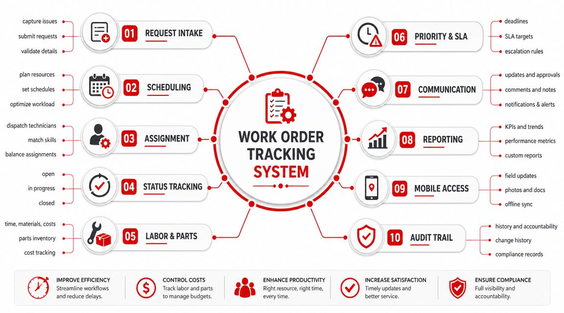 A diagram illustrating the ten essential components of a digital work order tracking system for business efficiency.