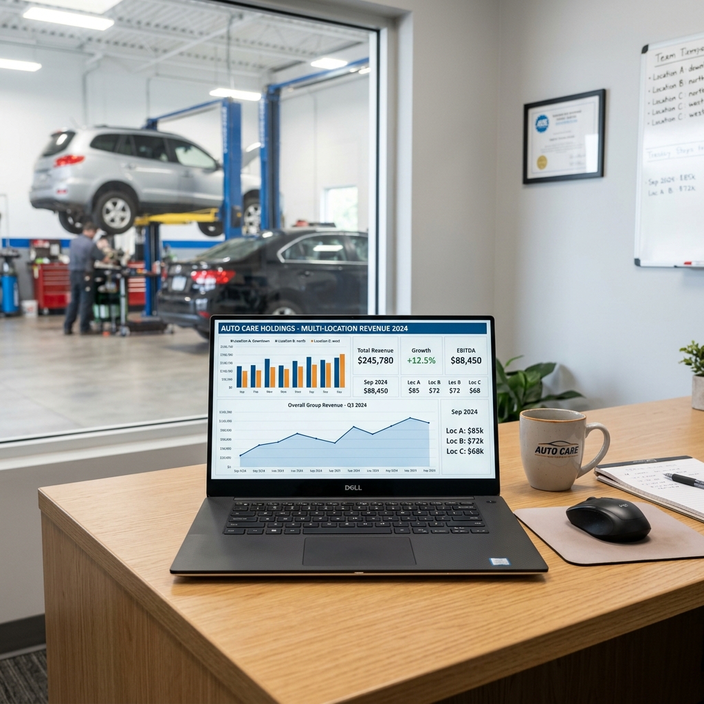 Xero cloud accounting dashboard displayed on a laptop screen in a modern auto repair shop office setting